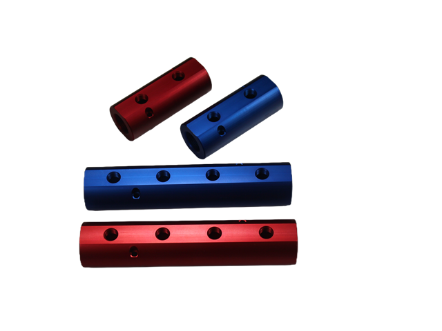 Anticorodal anodized aluminium manifold Red, IN 3/4" 2 OUT 1/4 - OSS