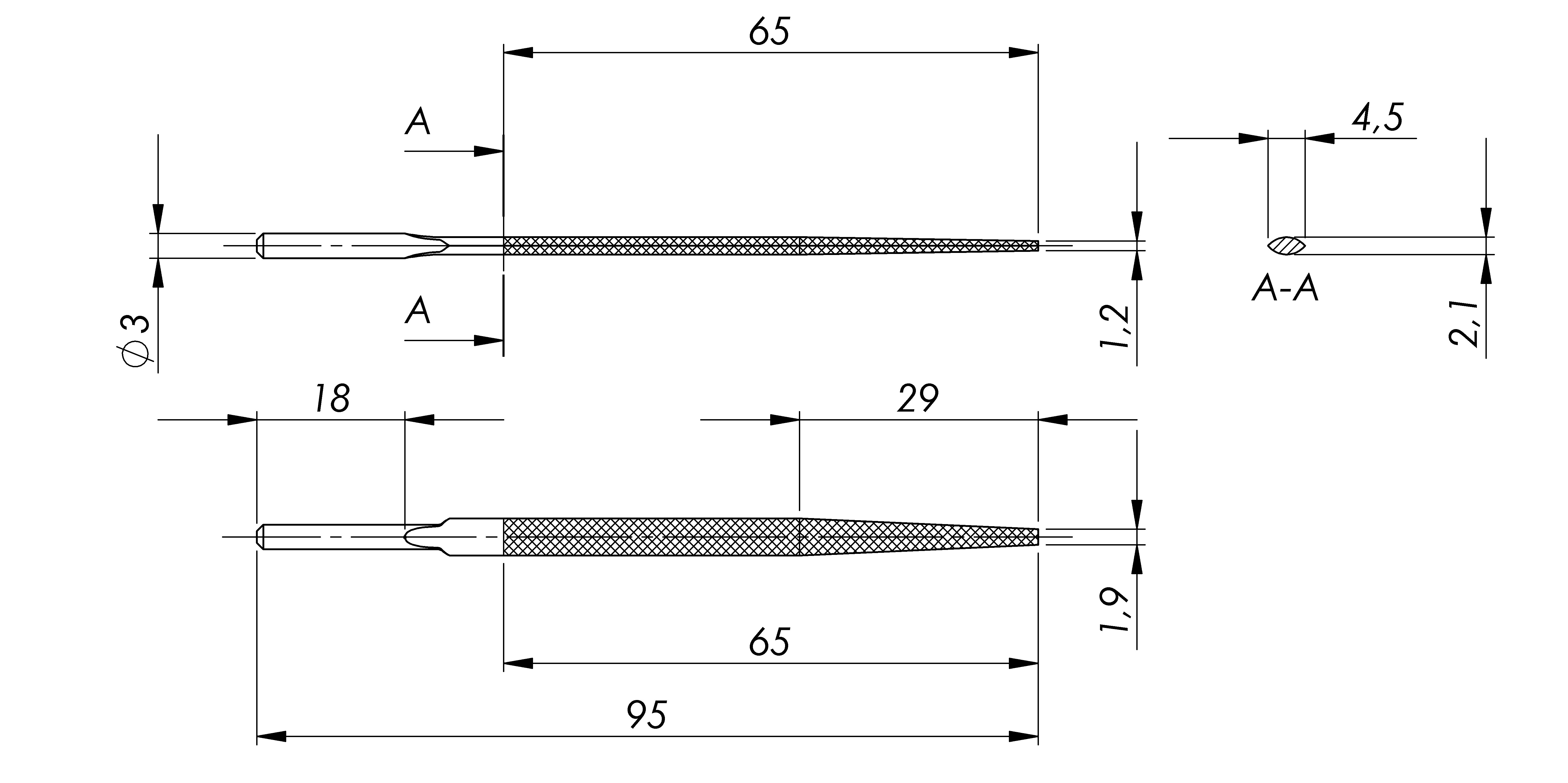 Lima in acciaio STL-4-00/P, 4,5x2,1mm, Taglio 00 - Gambo d. 3mm