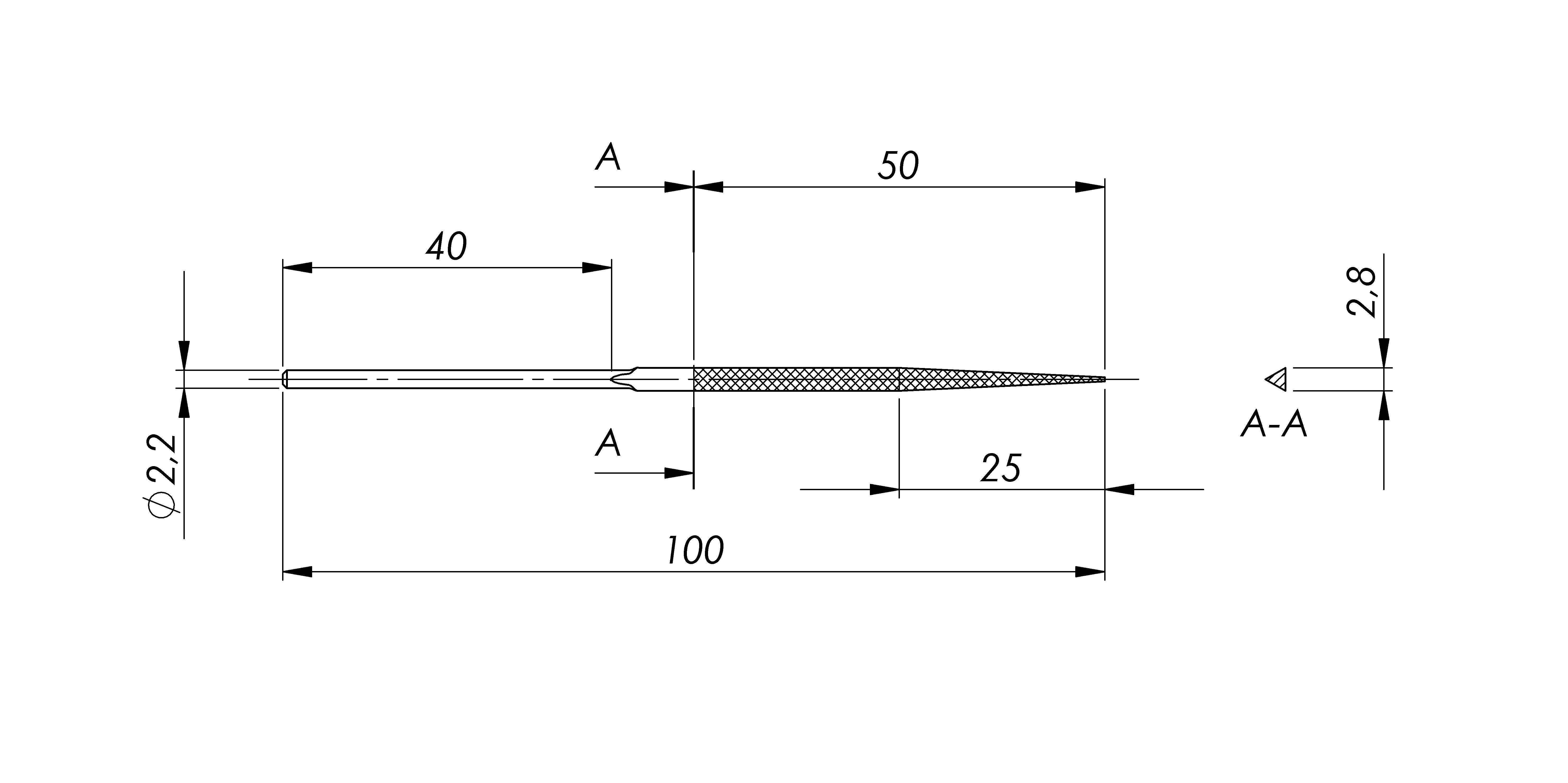 Lima in acciaio STL-25-1/P, 2,2x2,2x2,2mm, a punta, Taglio 1 - Gambo d. 2mm