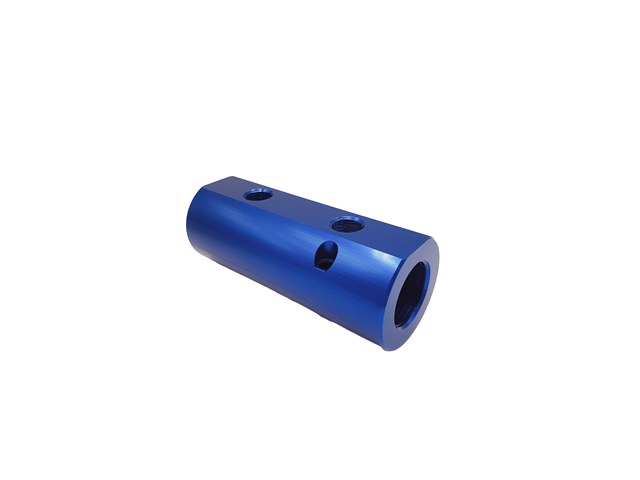 Anticorodal anodized aluminium manifold Blue, IN 3/4" 2 OUT 1/4 - OSS