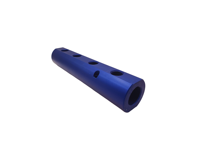 Anticorodal anodized aluminium manifold Blue, IN 3/4" 2 OUT 1/4 - OSS